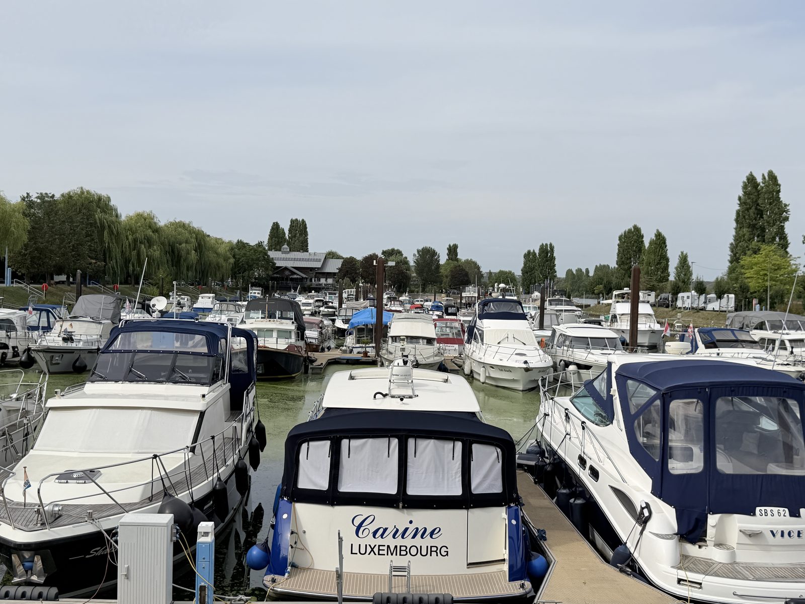 Hafenbecken des Yachthafens Schwebsange mit Schwimmstegen, Sportbooten und Trauerweiden am Ufer